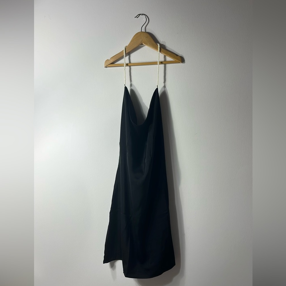 Pearl strap black slip dress